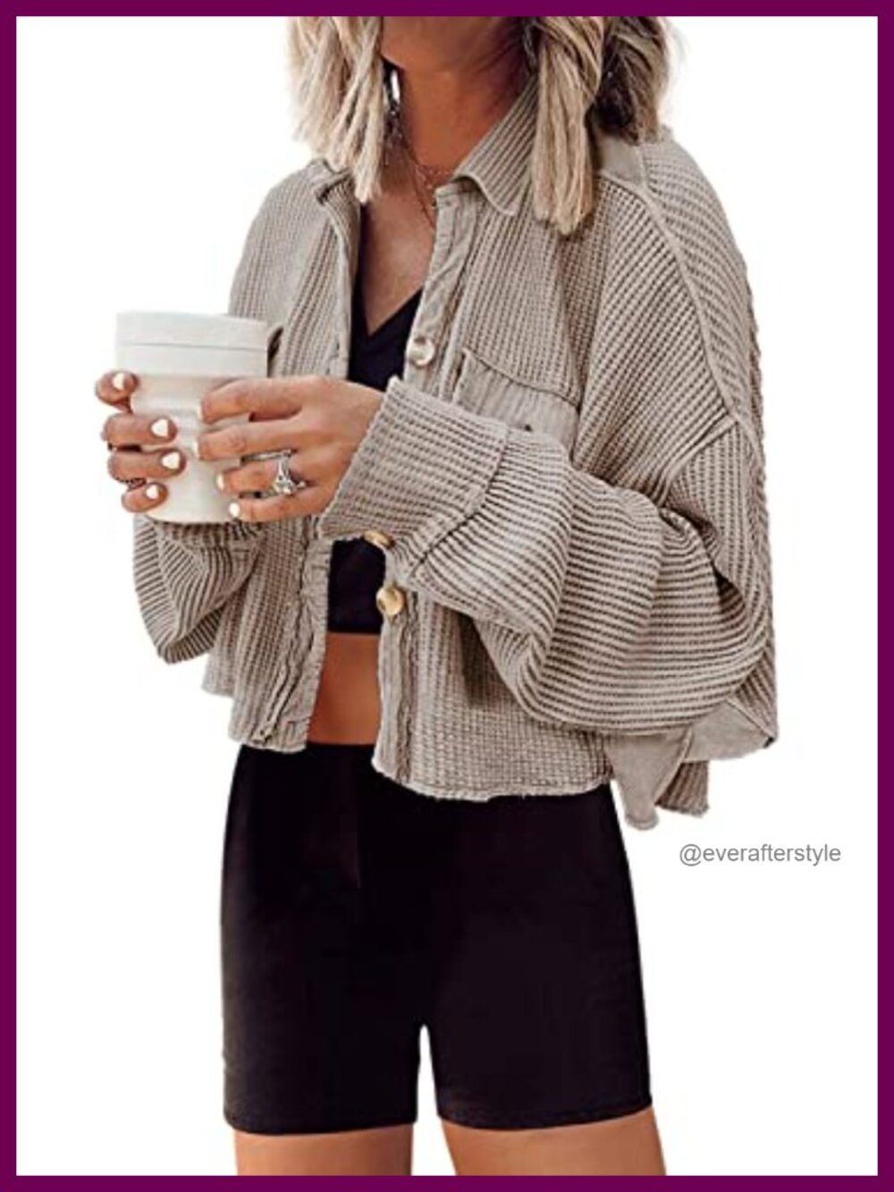 Waffle Knit Cropped Cardigan Button Down Shirt Jacket Oversized Shacket